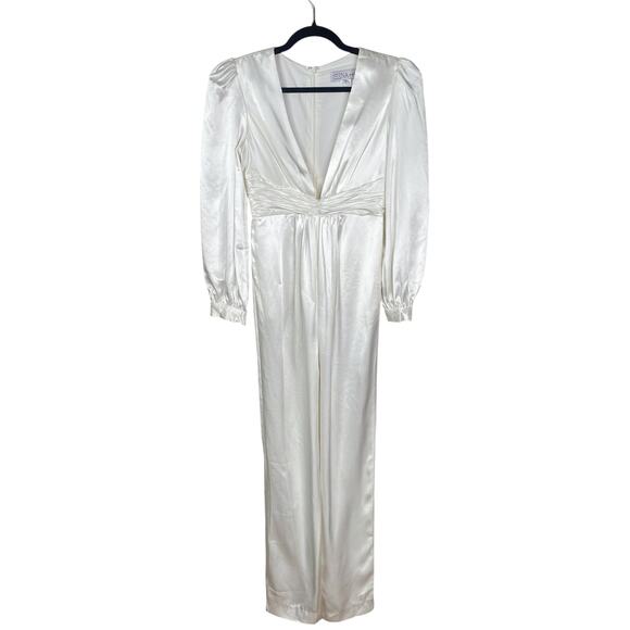 Leena for Mac Duggal White Plunge Satin Puff Sleeve Jumpsuit SZ 2 - Picture 4 of 12